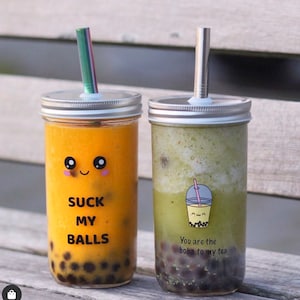 2 Pack Reusable Bubble Tea Cup with Bevel Cut Stainless Steel Straw /Eco-Friendly Boba Tea Cup Reusable Smoothie tumbler / Reusable Boba Cup image 1