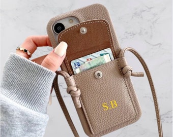 Personalized Leather Crossbody Phone Case iPhone 17 16 15 14 13 12 11 Pro Max Custom Embossed Initial Card Holder With Strap Gift For Her