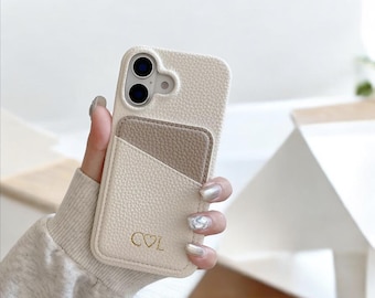 Dainty Leather phone case for iPhone 17 16 15 14 13 Pro Max with card holder Personalized Phone Initial Embossed Monogram/ Best friend Gift