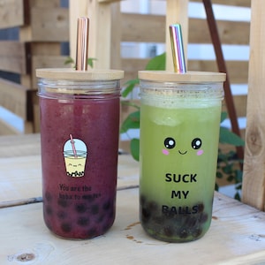 Paquet de 2 tasses à thé à bulles réutilisables avec couvercle en bambou avec paille en acier inoxydable coupée en biseau/tasse à thé Boba respectueuse de l&#39;environnement, gobelet à smoothie réutilisable