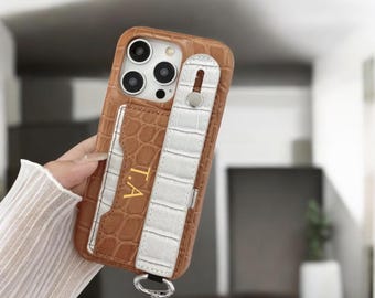 Personalized Gold Embossed Initial Custom Name Croc Leather Card Holder Wallet iPhone 15 Case iPhone 14 13 12 11 Pro Max Bridesmaid Gift