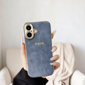 Funda de piel de ante personalizada para iPhone 17, 16, 15, 14, 13, 12 y 11 Pro Max. Funda de lujo con iniciales personalizadas, regalo ideal.