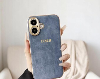Funda de piel de ante personalizada para iPhone 17, 16, 15, 14, 13, 12 y 11 Pro Max. Funda de lujo con iniciales personalizadas, regalo ideal.