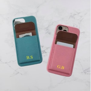 Gepersonaliseerde gouden beginletters aangepaste reliëf portemonnee kaarthouder lederen telefoonhoesje iPhone 15 iPhone 14 13 12 11 Pro Max cadeau voor haar