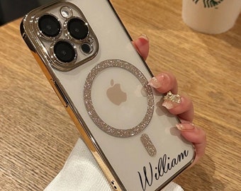 Personalized Initial Custom Name  Electroplated Transparent Luxury Magsafe Protective Phone Case iPhone 15 iPhone 14 13 12 11 Pro Max Gift