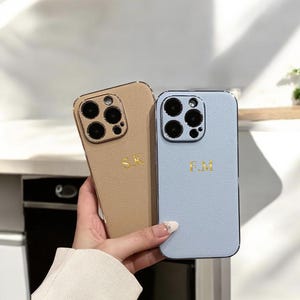Personalized Gold Initial Leather Custom Monogram iPhone 16 15 iPhone 14 13 12 11 Pro Max Engraved Electroplated Protective Gift For Her