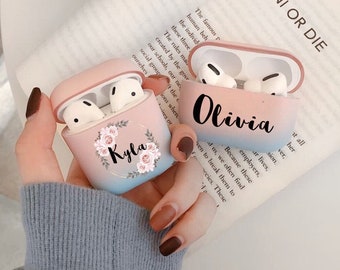 Custom Floral Initials Ombré Airpod Case | Custom Name Initials Flowers Airpod Pro 2 Case  | Hard Plastic Apple 3 Airpod Pro Holder