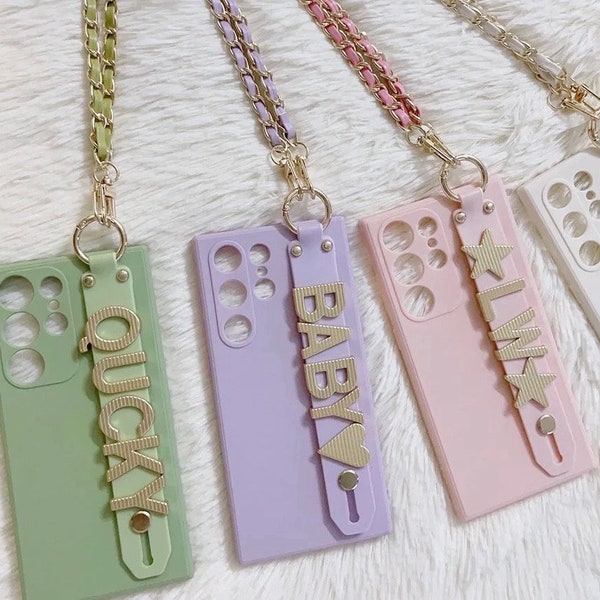 Personalized Gold Name 3D Embossed Monogram Custom Leather Chain Lanyard Strap Solid Pastel Colour S23 S22 S21 Ultra S23 S22 S21 S20 Plus