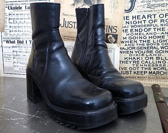 EUR 40 / 90s Y2K Vintage Chunky Black Leather Square Toe Block Heel Platform Over Ankle Boots