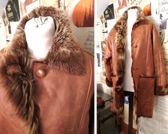 L, Owen Barry Real Grain Leather Sheepskin Shearling Warm Light Brown Vintage Jacket Coat