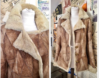 M/L 90s Y2K Patchwork Great Quality Real Sheepskin Shearling Beige Distressed Leather Jacket Coat