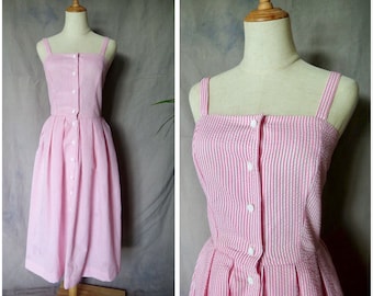S, 50s Style Handmade Vintage Retro Sweetheart Neck Sleeveless Pleated Cotton Crepe  White Pink Striped Midi Dress