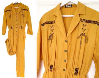 80’s Aztec Print Elements Long Sleeve Mustard Honey Yellow Collared Jumpsuit Boilersuit, S/M, M