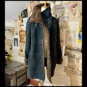 M/L Vintage Black Grey Real Shearling Sheepskin Coat Jacket