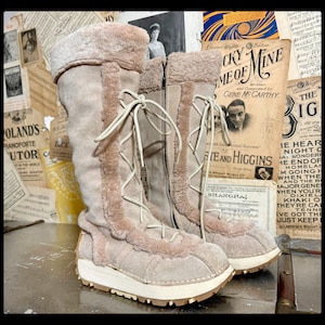 UK4.5, US7 ART Company Vintage Deadstock Y2K Chunky Platform Festival Hippie Boho Beige Grey Suede Leather Fur Detail Long Lace Up Boots