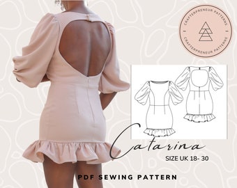 Women's backless dress | PDF sewing pattern | Catarina Dress | Size UK 18-30 | Instant Download |A4, US letter, A0 | Video Tutorial