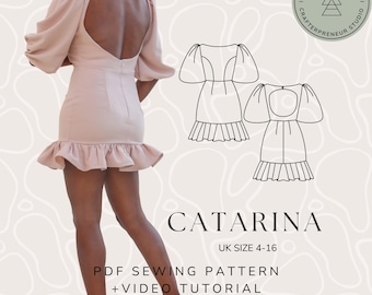 Patrón de costura para vestido sin espalda con volantes y mangas abullonadas, diseño de Catarina (PDF)