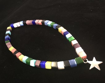 Lucky Star Rainbow Glass Square Bead Necklace (for dog/cat)