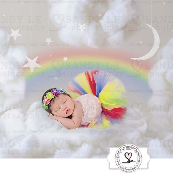 Newborn Digital Backdrop - Clouds with Moon, Stars and Rainbow Background Composite
