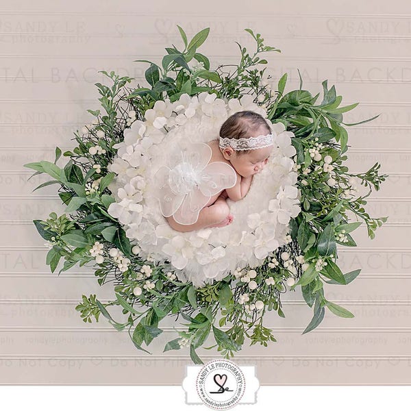 Nouveau-né Digital Backdrop - White Hydrangeas Foliage Flower Wreath on White Wood Top View Flooring Background Composite