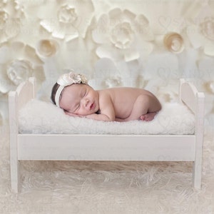 Newborn Digital Backdrop - White Doll Bed with White Fur and Paper Flower Wallpaper Background Composite
