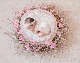 Newborn Digital Backdrop - Pink Magnolia Flower Wreath Background Composite