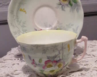 Old Royal Cup and Saucer - Floral Pattern, light green with pink handle 2414 - Bone China Made in England