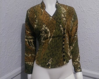 Vintage Blouse by Cartise - green and brown with snake skin patterned sections - formal, office wear