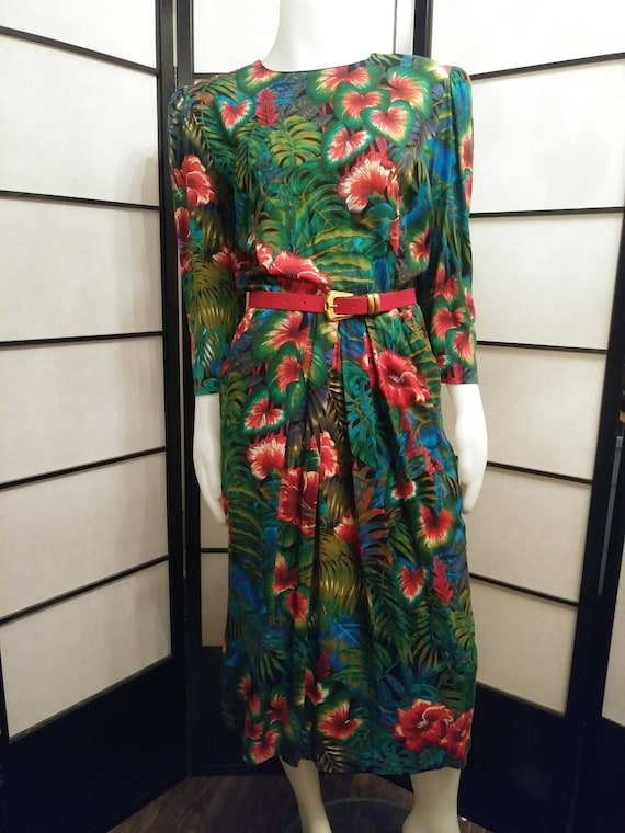 Vintage 1980's Tropical Flowers and Foliage Dress… - image 1