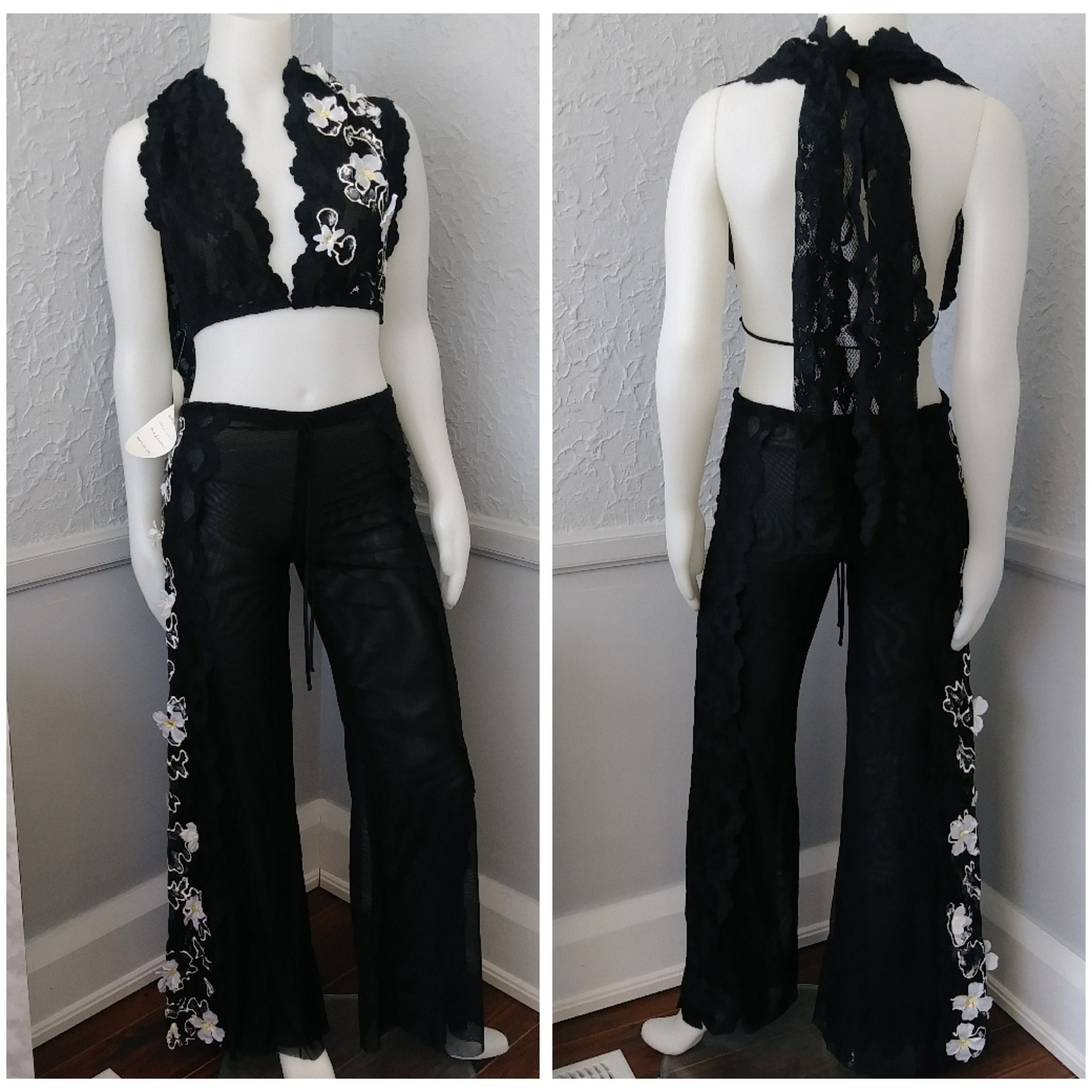 Black Lace and Sheer Top and Pants Set Beach, Summer Casual Unique Outfit 