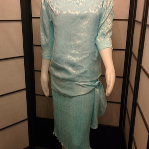 Vintage 1980&#39;s Blue Bucket Dress by Demaro - size 11/12 polyester silky light blue, retro formal