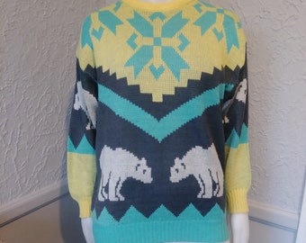 Vintage Sweater by Jeffrey Rogers Canada - nordic with polar bears - geometric yellow aqua grey white colourful classic retro find