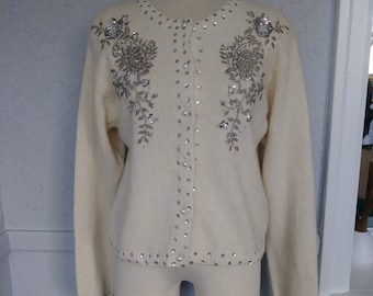Vintage Sweater Cardigan with Sequins and Beading by Quipps Ltd - silk, lambswool, angora, pearl buttons