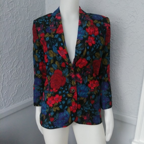 Vintage Floral Blazer by Worthington - Black with Red Blue Purple Green Flower Design - Comfy Business Casual Jacket