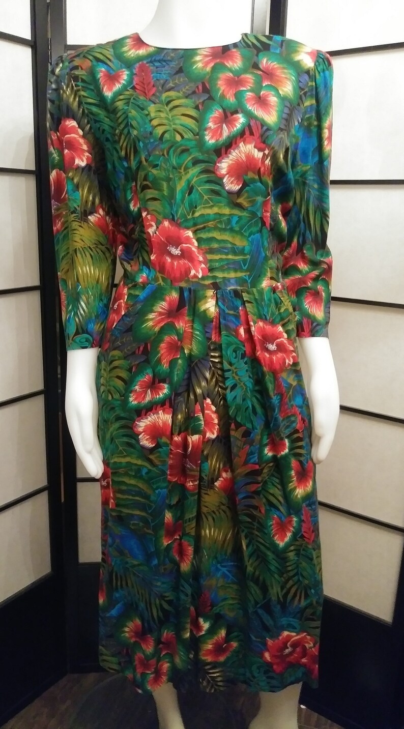 Vintage 1980's Tropical Flowers and Foliage Dress E.D. Michaels image 6