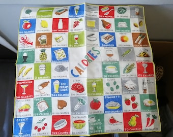 Vintage Scarf - Food Calorie Art - One of Kind Retro 1960's