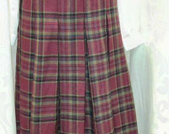 Vintage Plaid Pleated Wool Kilt Skirt by Highland Queen - Made in Canada - Red green black blue tartan - Reversible!