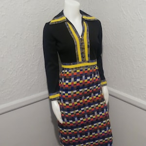 Vintage Authentic 70&#39;s Maxi Dress with Colourful Pattern Skirt - Shirt Dress, Long sleeves,