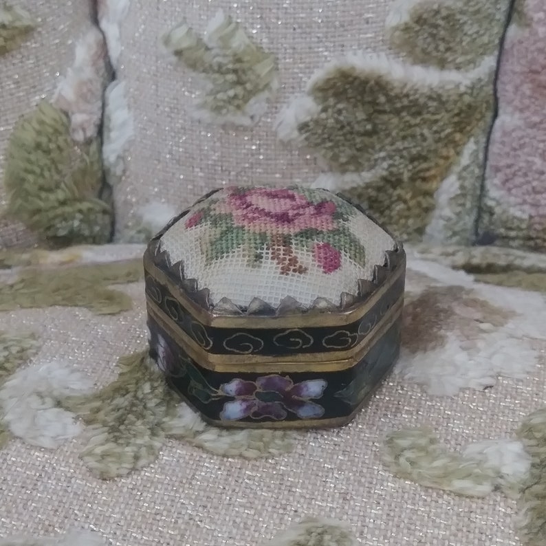 Chinese snuff pill box Vintage Enamel Trinket Box with Floral Embroidered Top perfect for a ring gift!