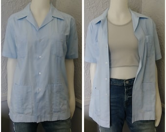 Vintage Blue Button Up Shirt with Pockets by the Romani Collection - work uniform style minimalist look, retro trendy