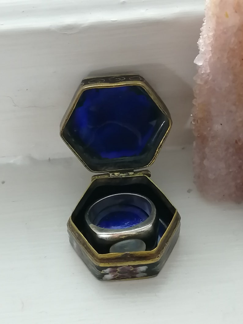 Chinese snuff pill box Vintage Enamel Trinket Box with Floral Embroidered Top perfect for a ring gift!