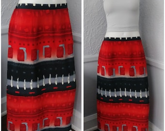 Vintage Long Red Skirt by Bantry Bay by Leboff - red black grey abstract designs, size Large XL - retro casual style