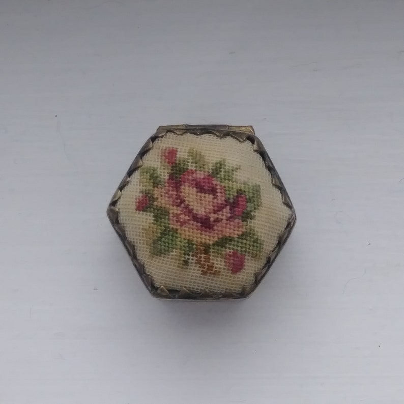 Chinese snuff pill box Vintage Enamel Trinket Box with Floral Embroidered Top perfect for a ring gift!