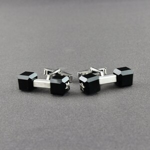 Vintage Shiny Silver Tone Bar And Moving Black Onyx Squares Cufflinks