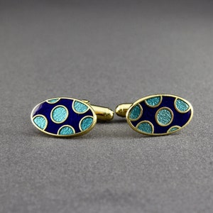Vintage London Badge & Button Dark Blue And Teal Guilloche Enamel Circle Design Oval Cufflinks