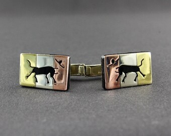 Vintage Mexican Silver Brass Copper Mixed Metals Black Enamel Charging Bull Modernist Cufflinks