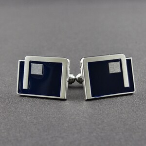 Vintage NEC IC Computer Microprocessor Chip Shiny Silver Tone Blue Enamel Rectangular Cufflinks