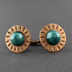 Vintage Die Stamped Copper And Conical Dark Green Ceramic Modernist Round Cufflinks