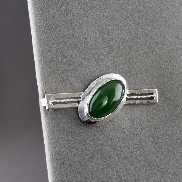 Vintage Genuine Dark Green Jade High Domed Oval Cabochon Open Backed Slide Style Tie Bar Tie Clip
