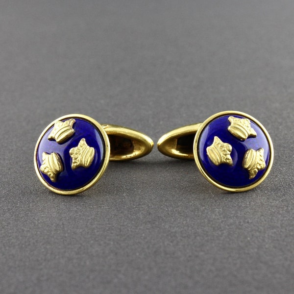 Vintage Lagerstrom Swedish Three Crown Cobalt Blue Enamel Decorative Toggle Cufflinks